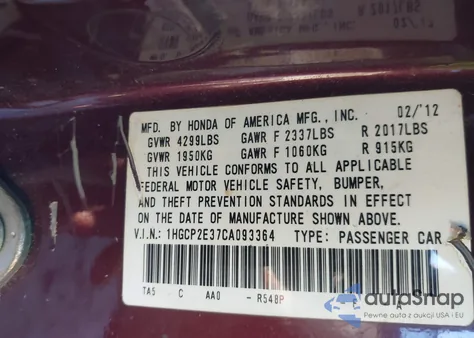 2012 Honda Accord 2.4 Lx from USA, damaged, VIN 1HGCP2E37CA093364